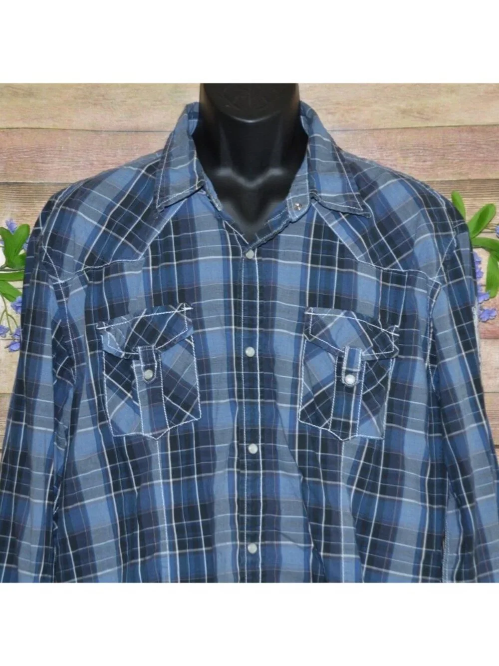 BKE Athletic Fit Mens Blue Plaid Pearl Snap Western Shirt Size XXL Embroidered